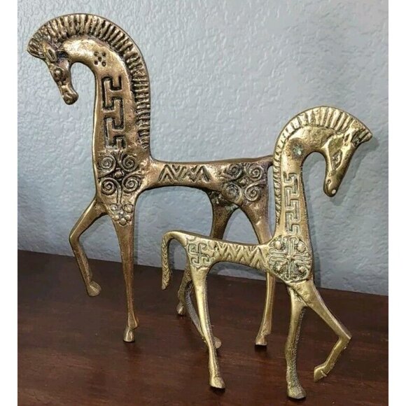 2 Etruscan Brass Horses Roman Mid Century Modern Greek Sculpture MCM Vintage - Picture 10 of 11